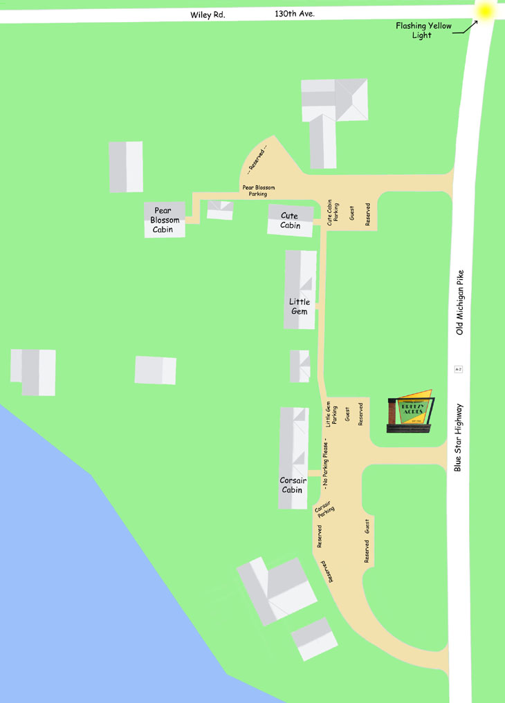 Breezy Acres map, cabins and parking.